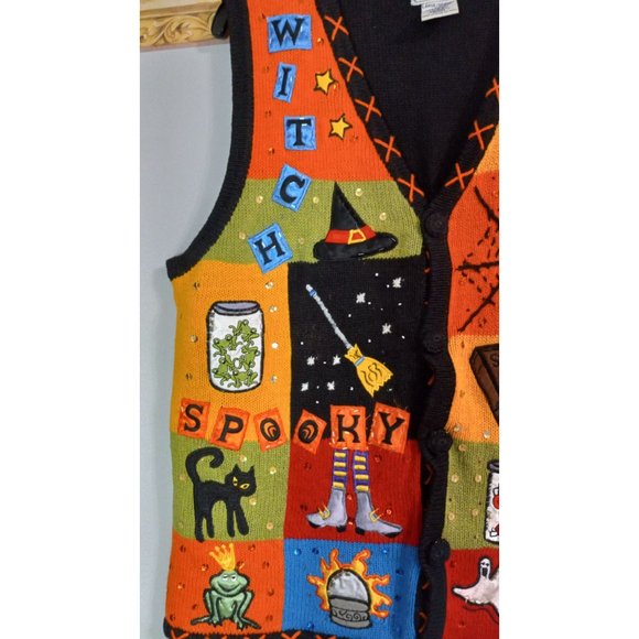 Rare! Basic Editions Witch Halloween Themed V-Neck Sweater Vest - Multicolor - Picture 2 of 5